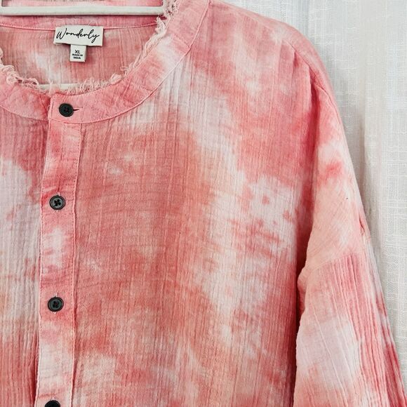 Wonderly Coral & White Tie Dye Earthy Boho 100% Cotton Soft Flowy Blouse - XL - Picture 6 of 9